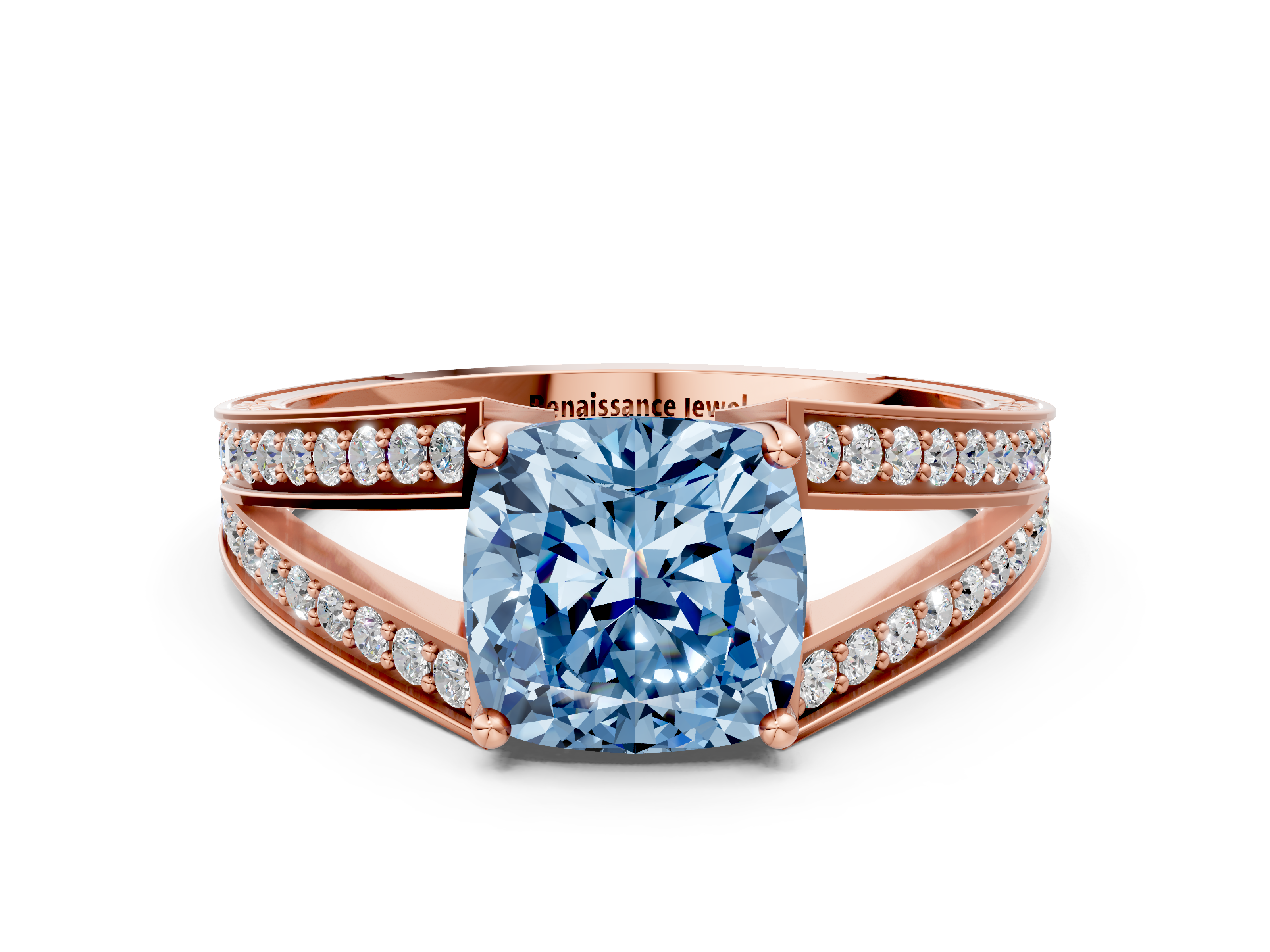 Rose gold Fancy Blue Cushion Cut Split Shank Pave Diamond Ring with Fo
