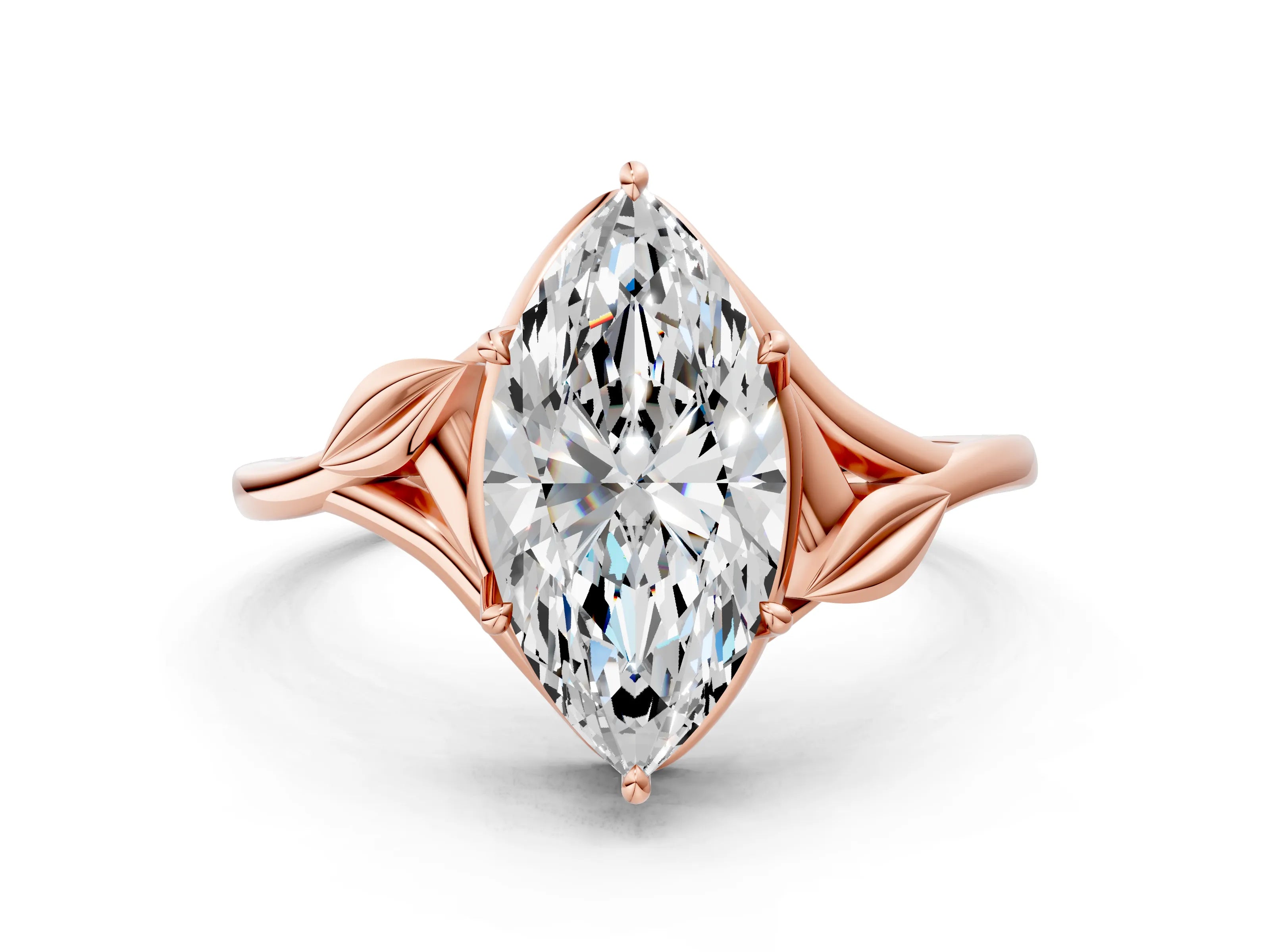 Rose gold Marquise Cut Diamond Solitaire Ring with Twist Band and Four