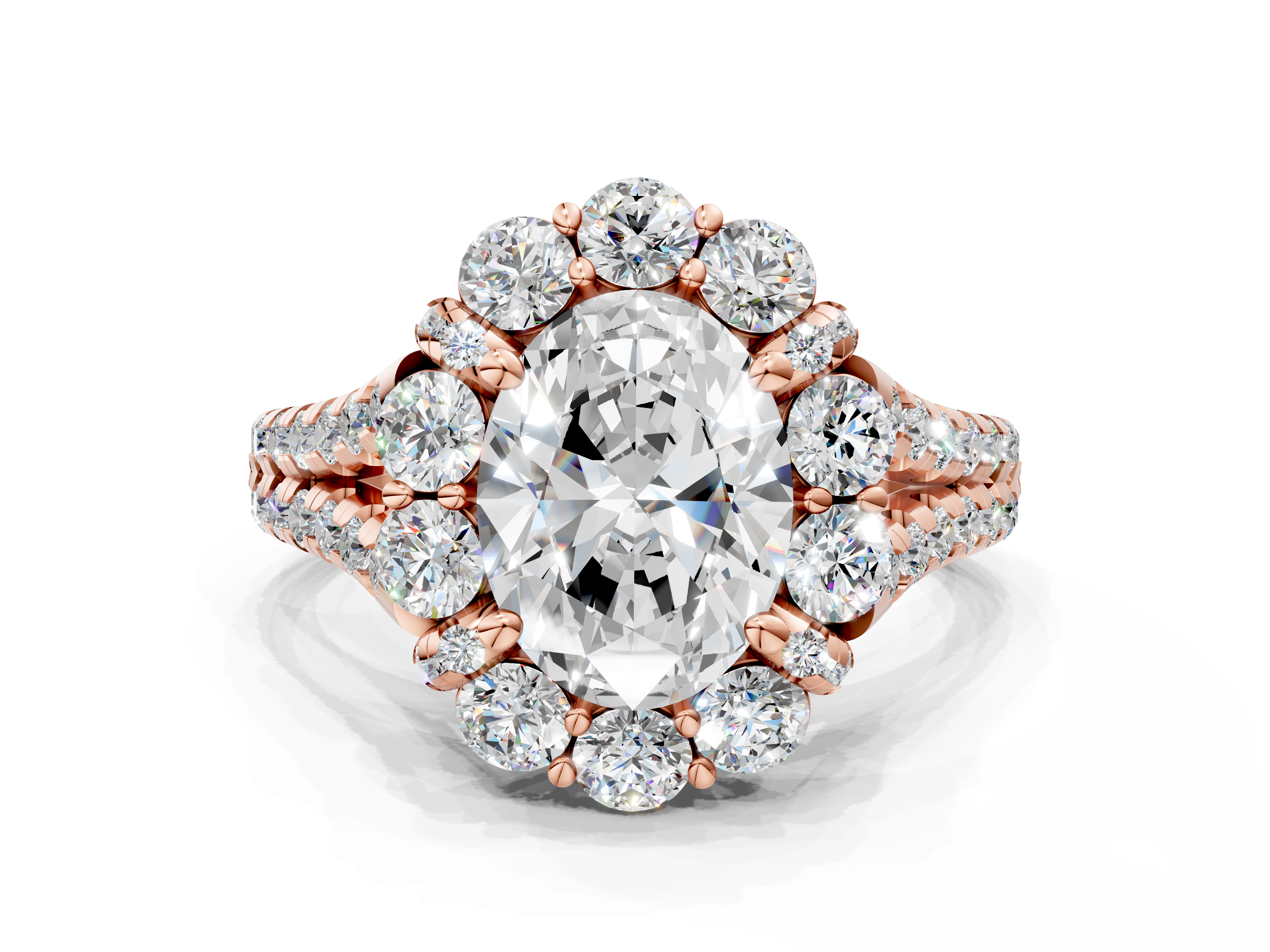 Rose gold Oval Halo Split Shank Diamond Engagement Ring with Pave Band