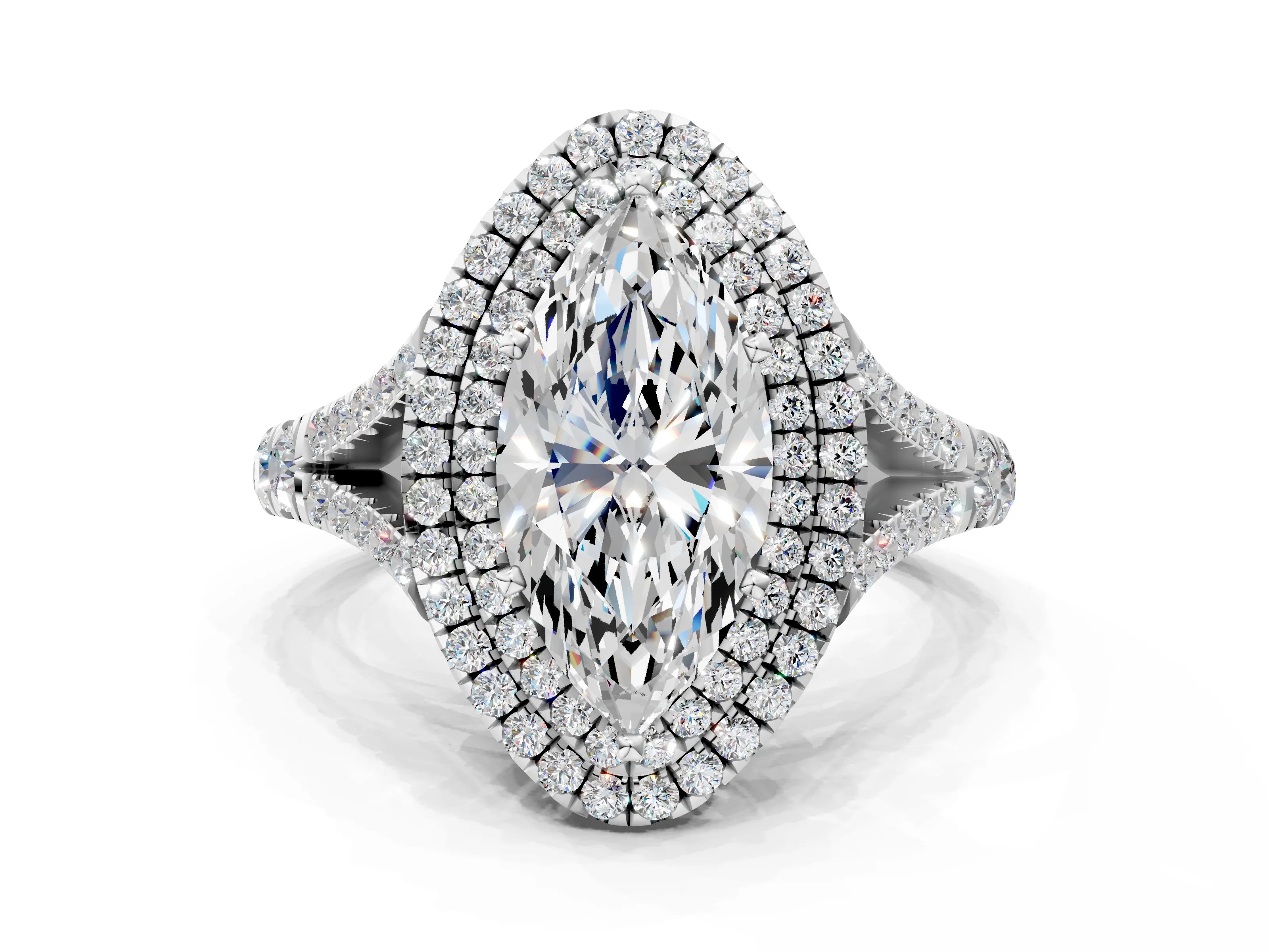Platinum Double Halo Marquise Cut Diamond Split Shank Engagement Ring