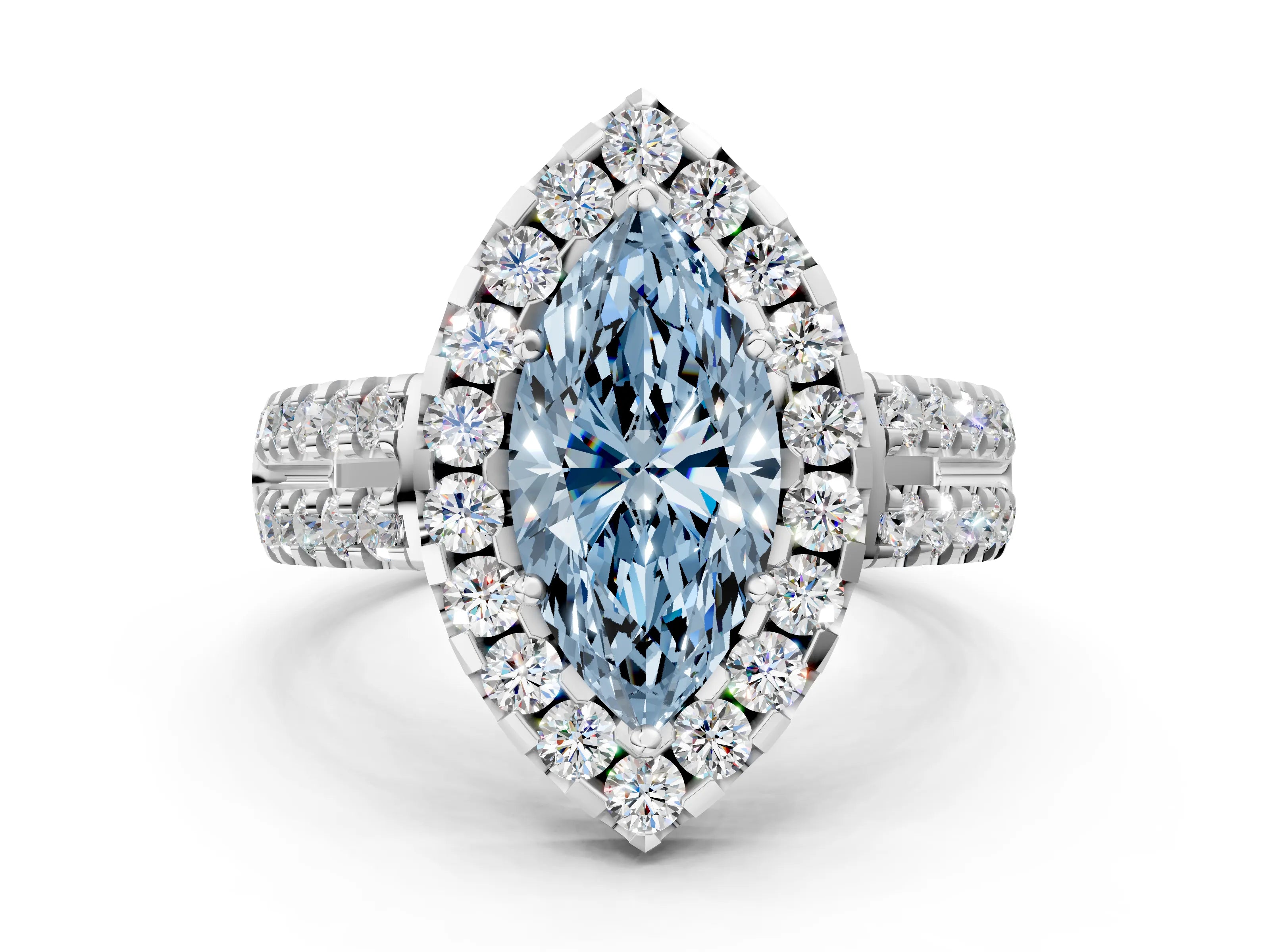 Platinum Fancy Blue Marquise Halo Diamond Split Shank Engagement Ring