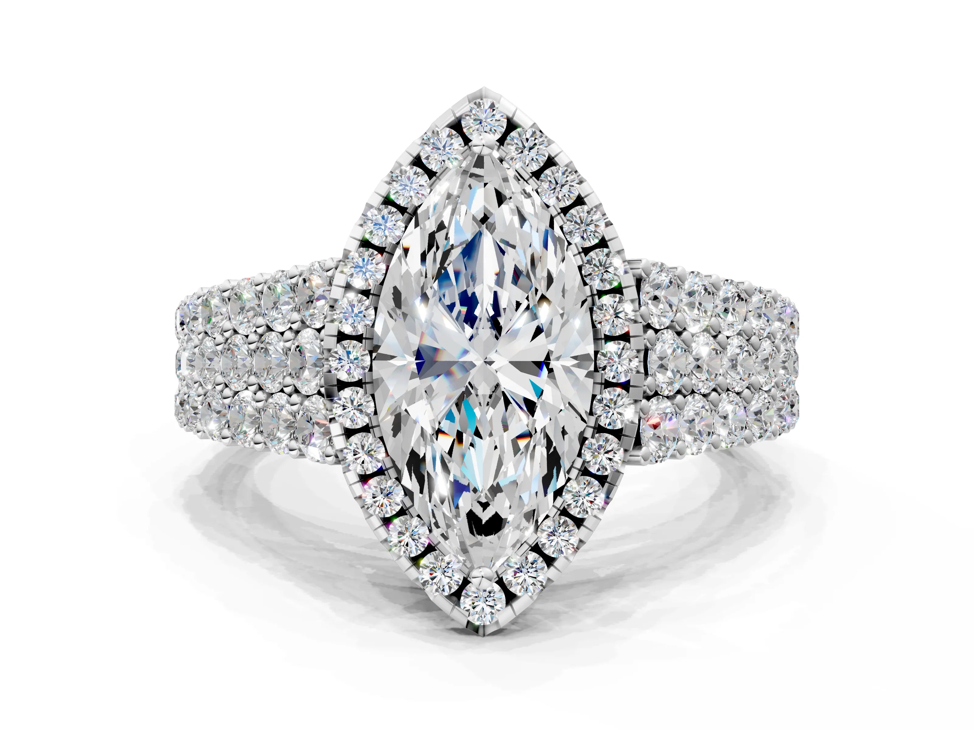 Silver Marquise Cut Halo Pavé Diamond Engagement Ring with Split Shank