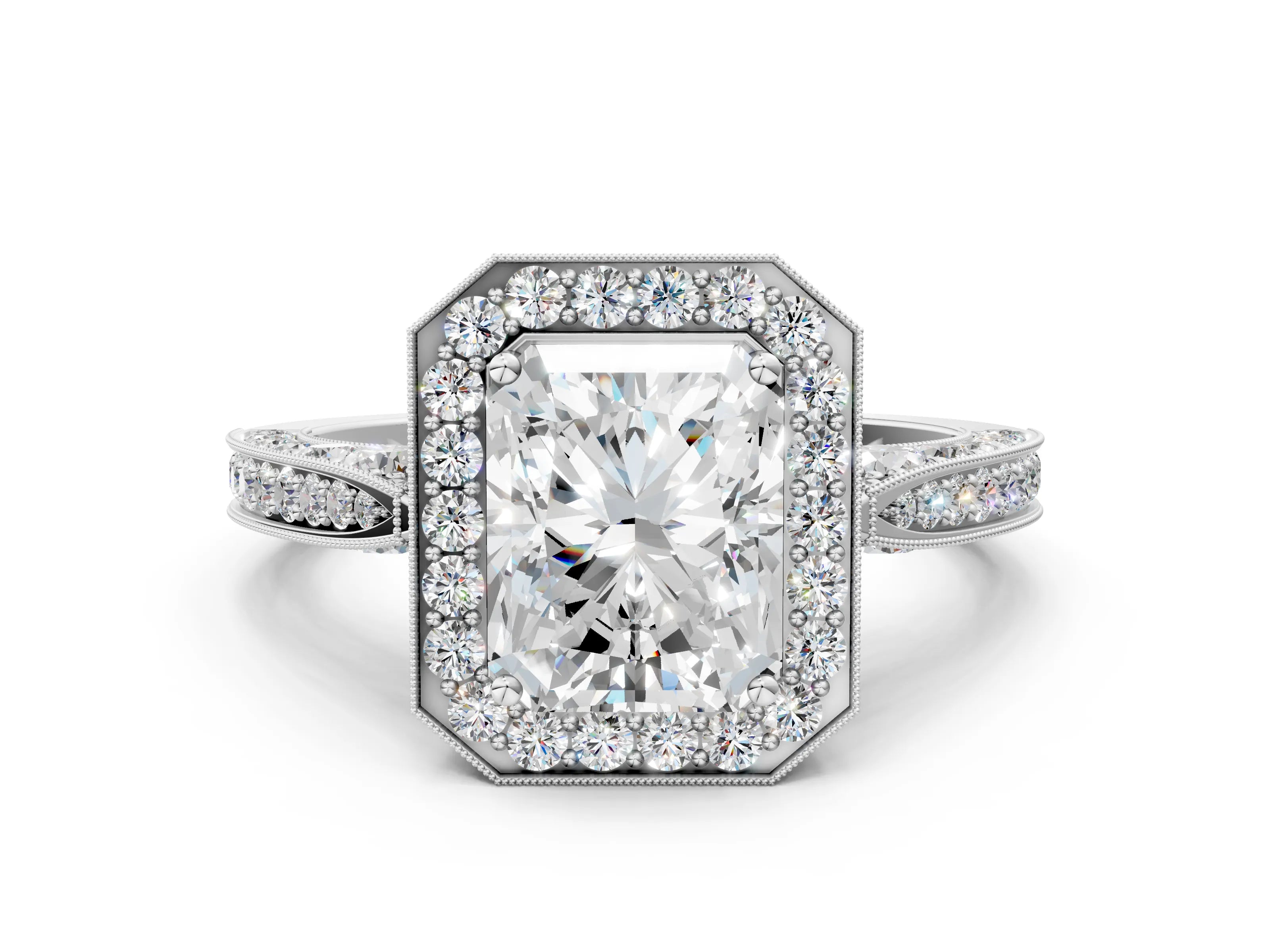 Silver Radiant Halo Diamond Engagement Ring with Split Shank Band and