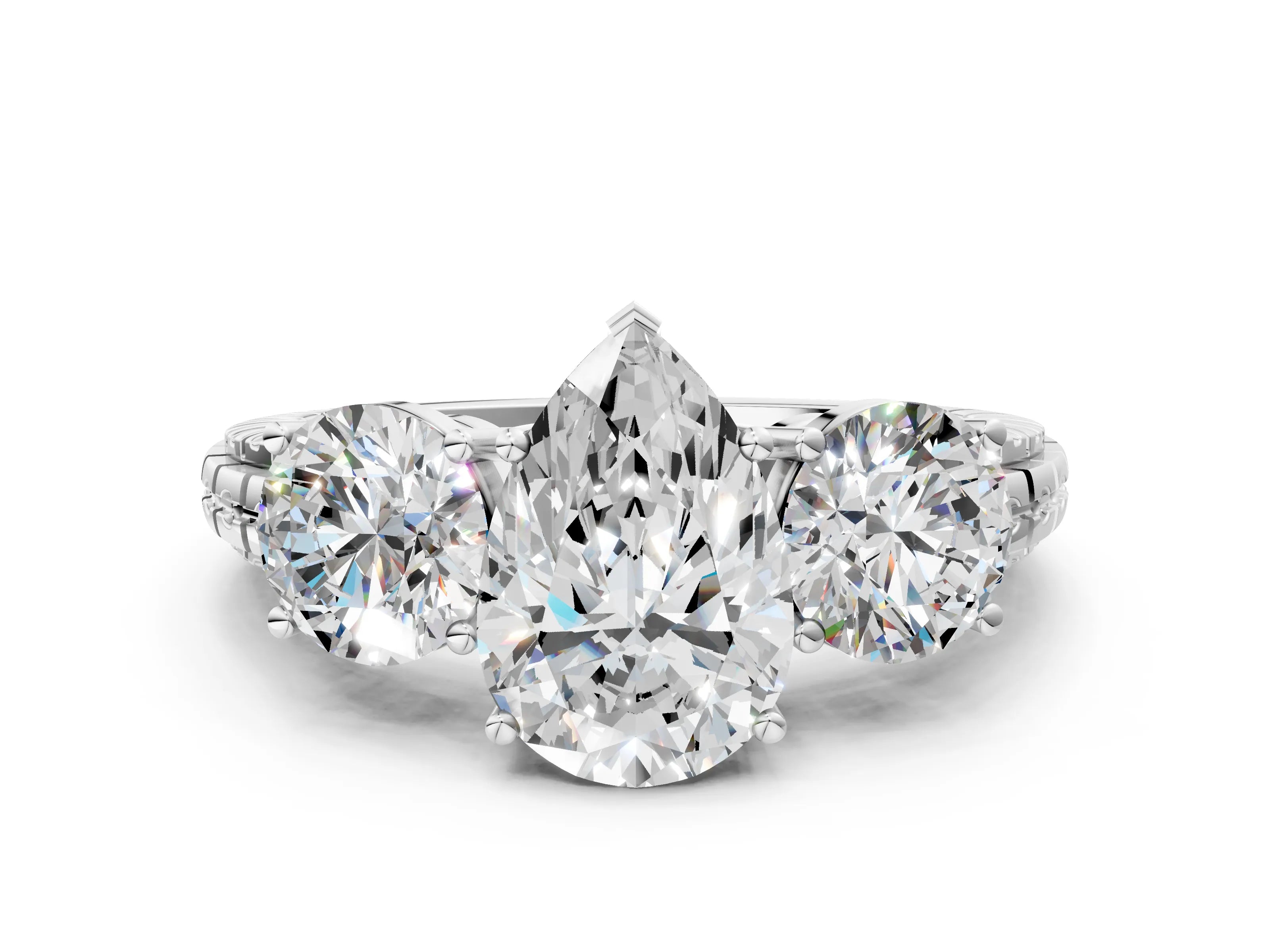 Silver Three-Stone Pear Cut Diamond Ring with Channel-Set Band and Pro