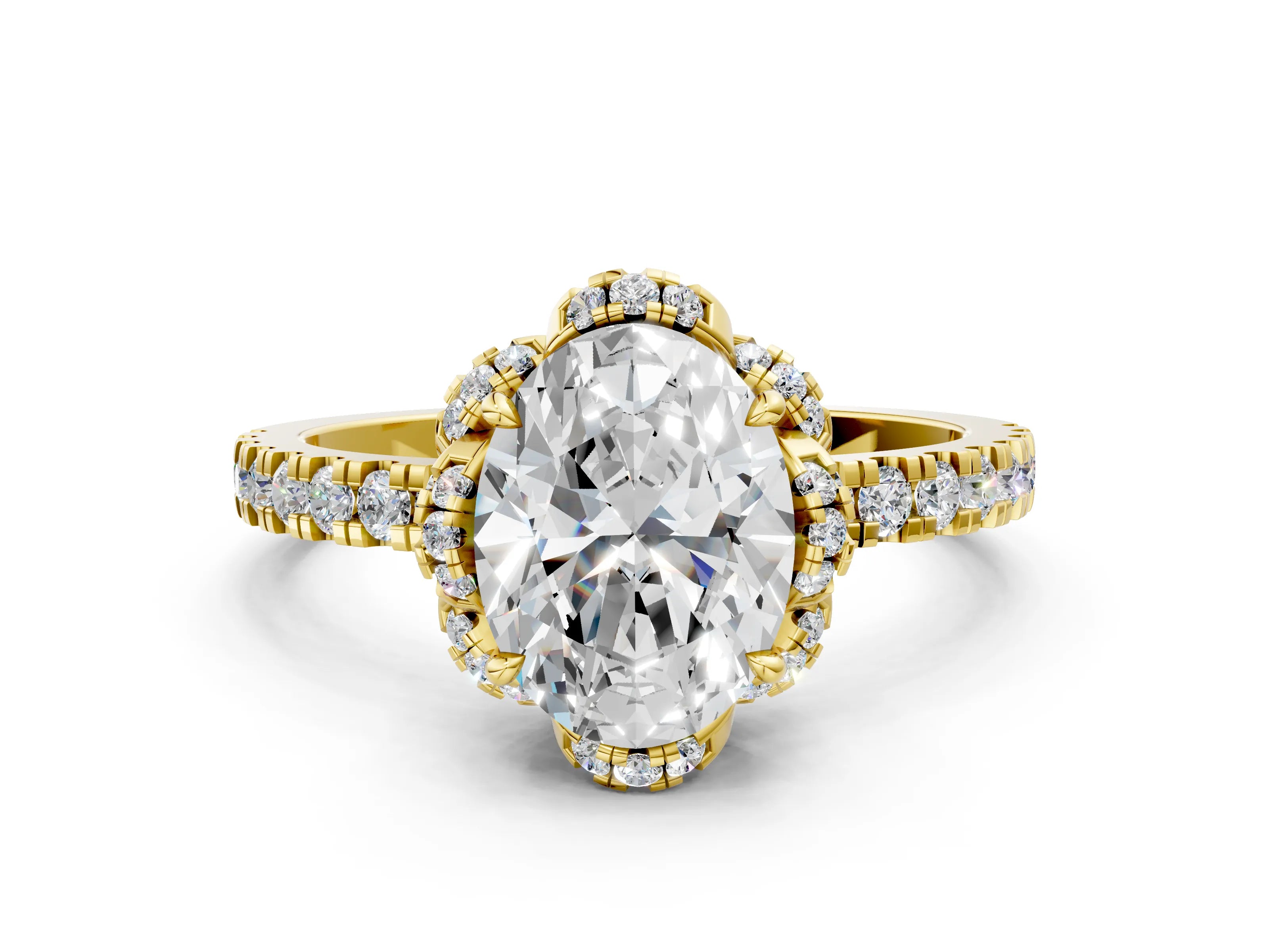 New York Oval Halo Diamond Pave Gold Ring with Four-Prong Setting