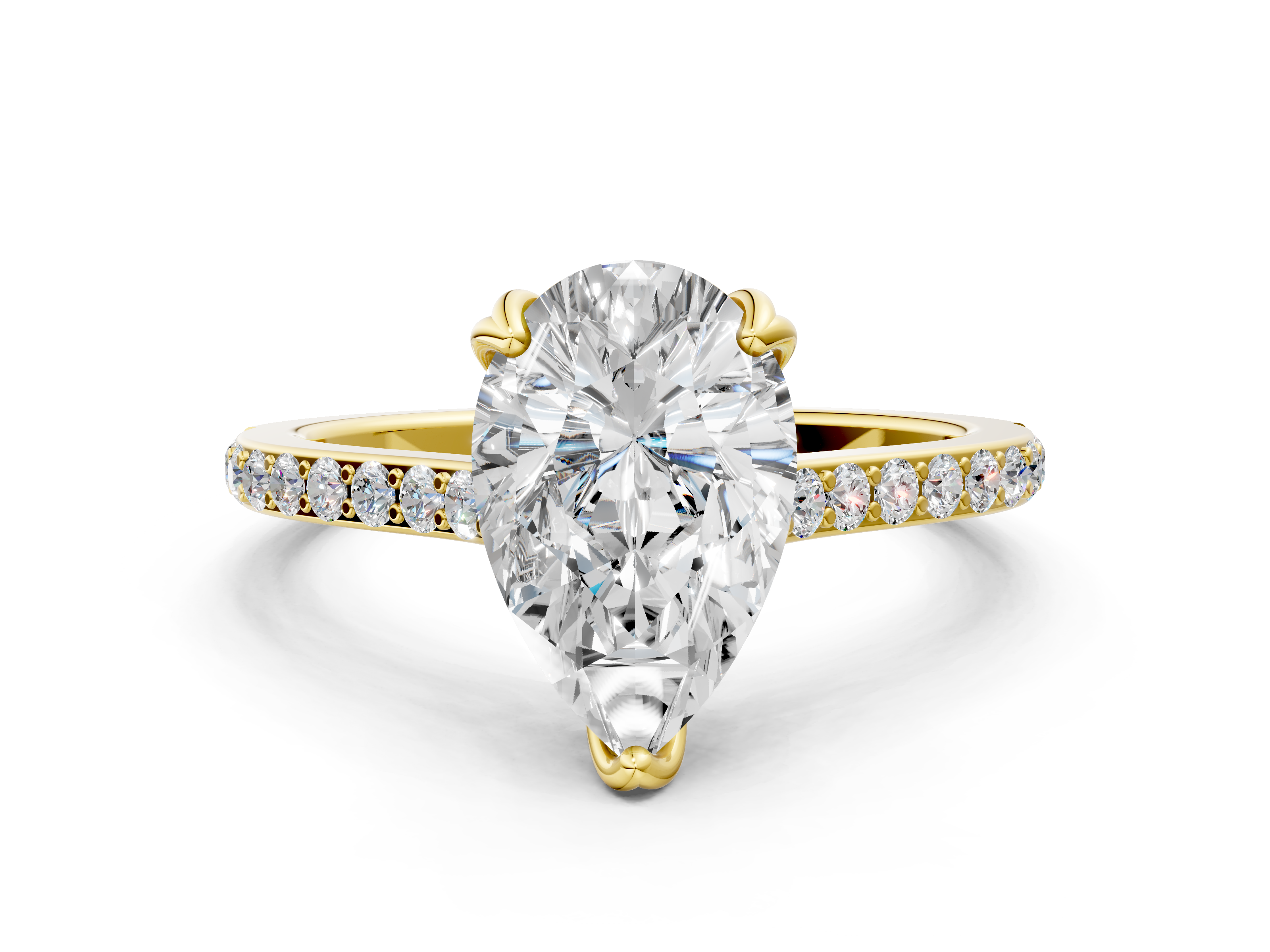 Yellow gold Pear Solitaire Diamond Engagement Ring with Pave Band and