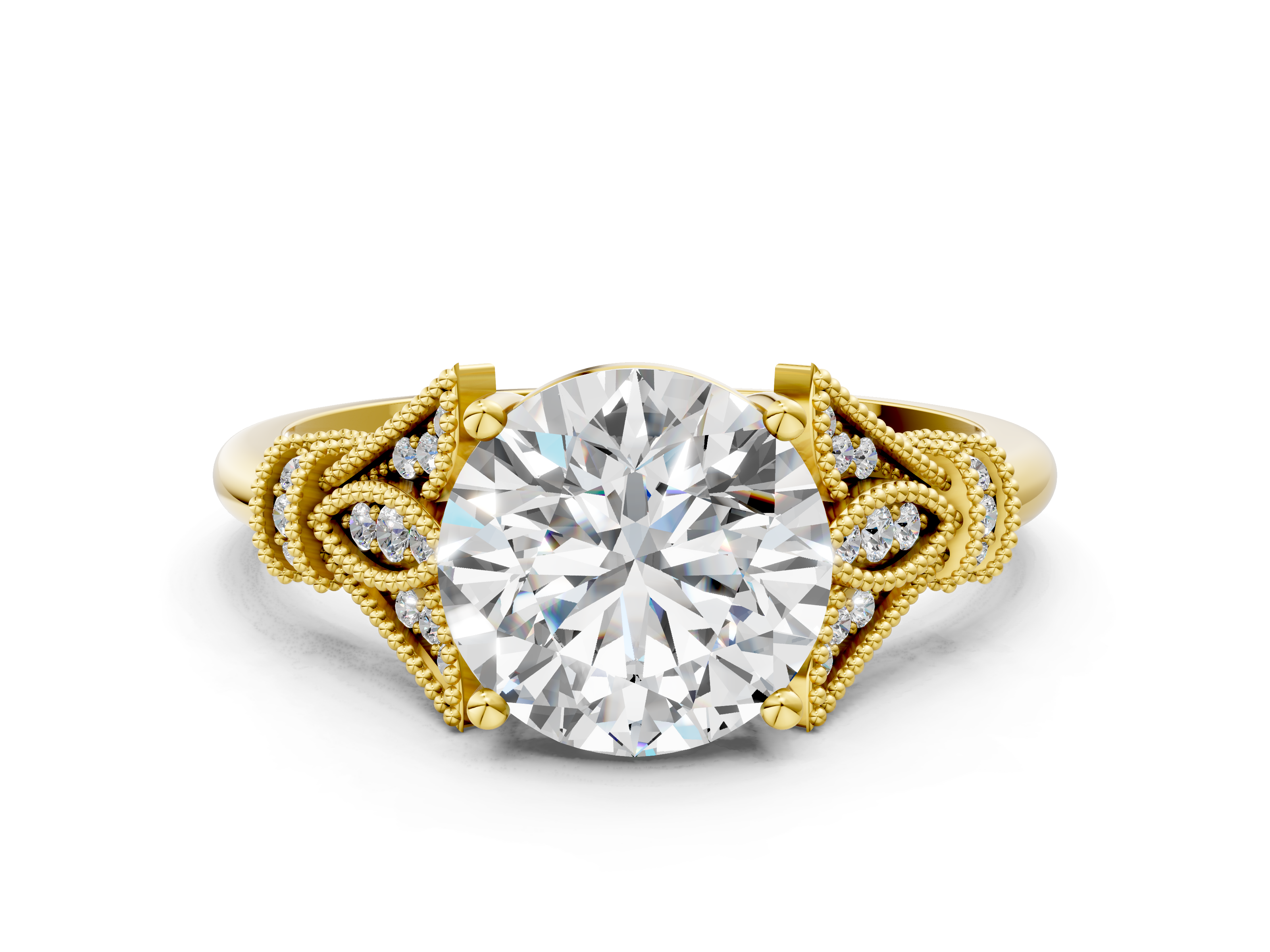 Yellow gold Round Diamond Solitaire Ring with Floral Filigree and Pave
