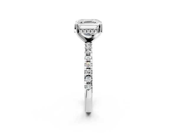 1 Carat Asscher Cut Platinum Diamond Solitaire Ring with Round Pavé Band and Four-Prong Setting