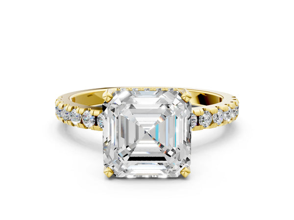 1 Carat Asscher Cut Yellow gold Diamond Solitaire Ring with Round Pavé Band and Four-Prong Setting