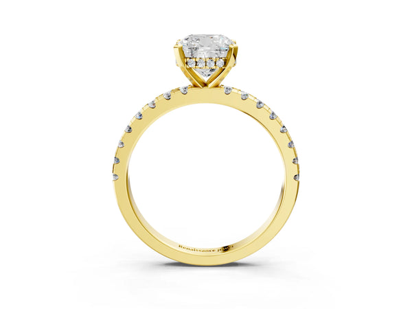 1 Carat Cushion Cut Yellow gold Diamond Solitaire Ring with Round Pavé Band and Four-Prong Setting