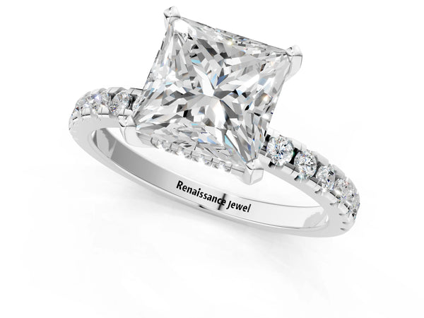 1 Carat Princess Cut Platinum Diamond Solitaire Ring with Round Pavé Band and Four-Prong Setting