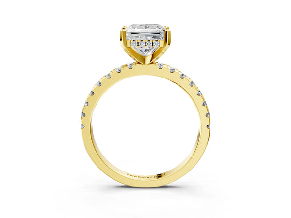 1 Carat Princess Cut Yellow gold Diamond Solitaire Ring with Round Pavé Band and Four-Prong Setting