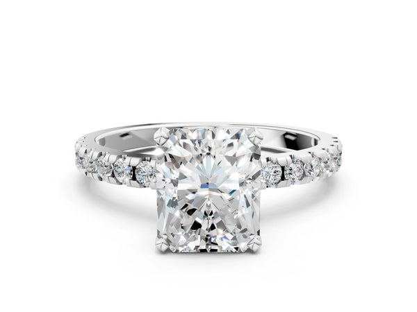 1 Carat Radiant Cut Platinum Diamond Solitaire Ring with Round Pavé Band and Four-Prong Setting
