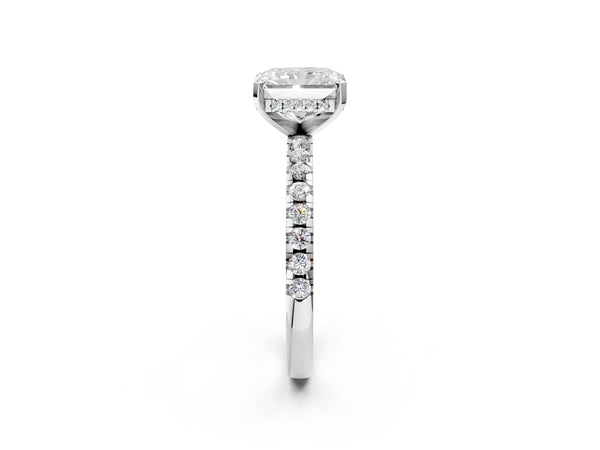 1 Carat Radiant Cut Platinum Diamond Solitaire Ring with Round Pavé Band and Four-Prong Setting