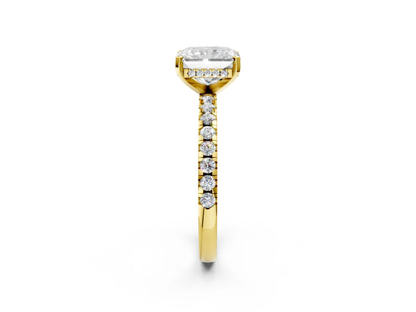 1 Carat Radiant Cut Yellow gold Diamond Solitaire Ring with Round Pavé Band and Four-Prong Setting