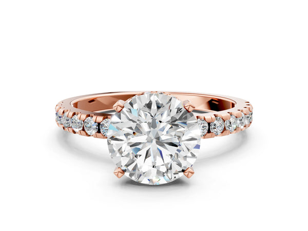 1 Carat Round Cut Rose gold Diamond Solitaire Ring with Round Pavé Band and Four-Prong Setting