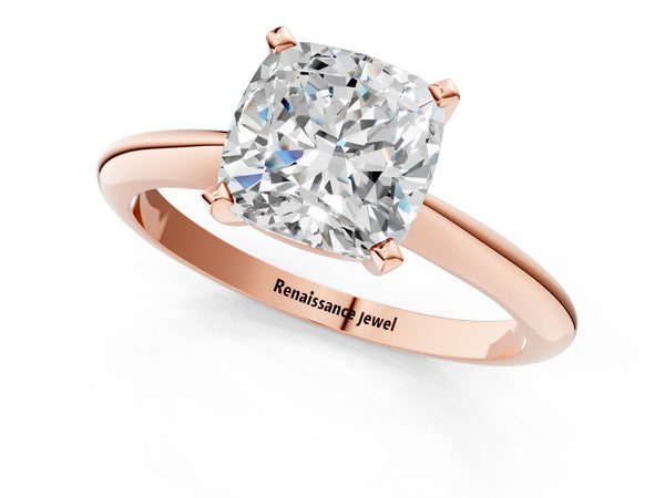 2 Carat Cushion Cut Rose gold Diamond Solitaire Engagement Ring with Classic Band and Four-Prong Setting