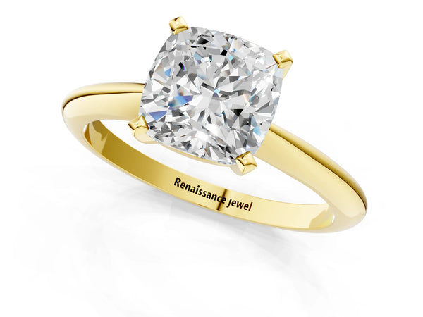 2 Carat Cushion Cut Yellow gold Diamond Solitaire Engagement Ring with Classic Band and Four-Prong Setting