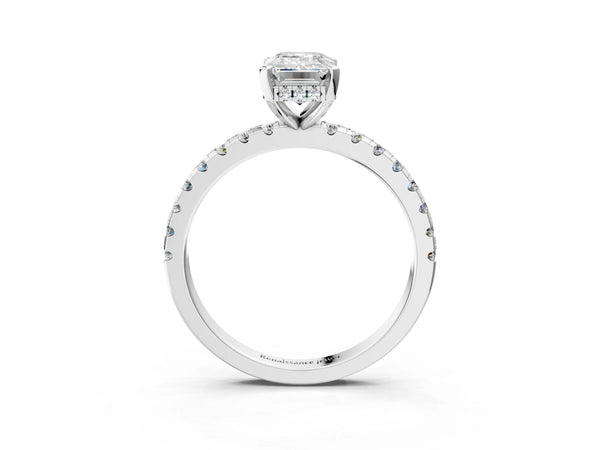 2 Carat Emerald Cut White gold Diamond Solitaire Ring with Round Pavé Band and Four-Prong Setting