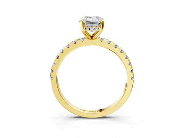 2 Carat Emerald Cut Yellow gold Diamond Solitaire Ring with Round Pavé Band and Four-Prong Setting