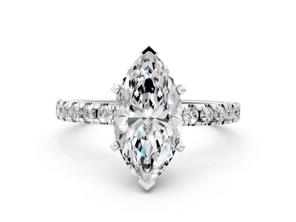 2 Carat Marquise Cut Platinum Diamond Solitaire Ring with Round Pavé Band and Four-Prong Setting