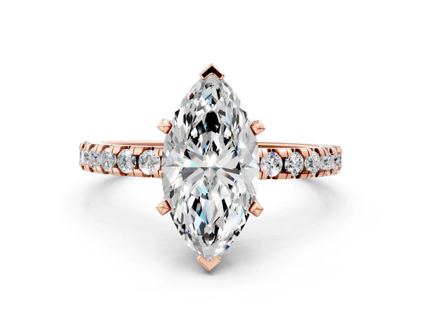 2 Carat Marquise Cut Rose gold Diamond Solitaire Ring with Round Pavé Band and Four-Prong Setting