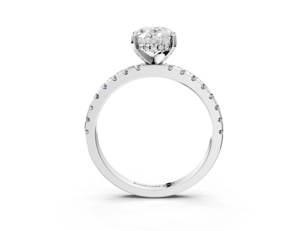2 Carat Oval Cut Platinum Diamond Solitaire Ring with Round Pavé Band and Four-Prong Setting