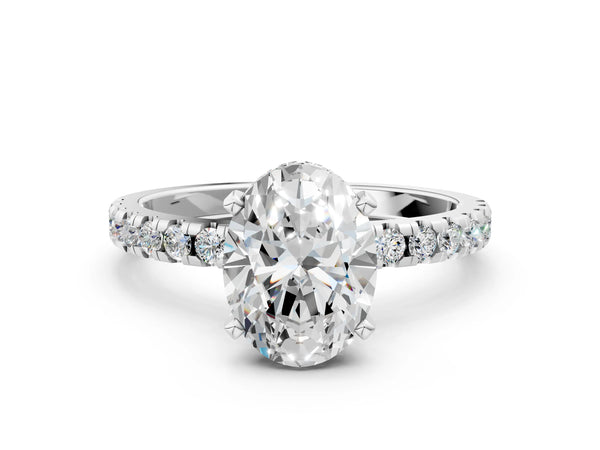 2 Carat Oval Cut White gold Diamond Solitaire Ring with Round Pavé Band and Four-Prong Setting