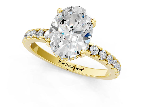 2 Carat Oval Cut Yellow gold Diamond Solitaire Ring with Round Pavé Band and Four-Prong Setting