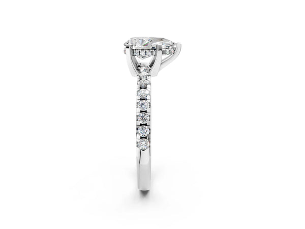 2 Carat Pear Cut Platinum Diamond Solitaire Ring with Round Pavé Band and Four-Prong Setting