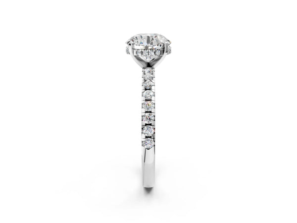 2 Carat Round Cut Platinum Diamond Solitaire Ring with Round Pavé Band and Four-Prong Setting