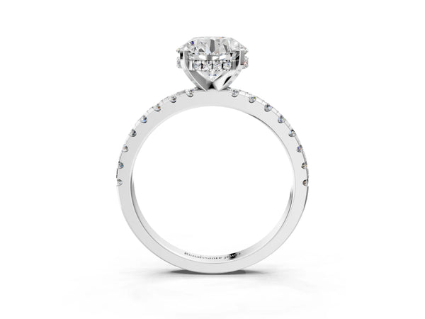 2 Carat Round Cut Platinum Diamond Solitaire Ring with Round Pavé Band and Four-Prong Setting