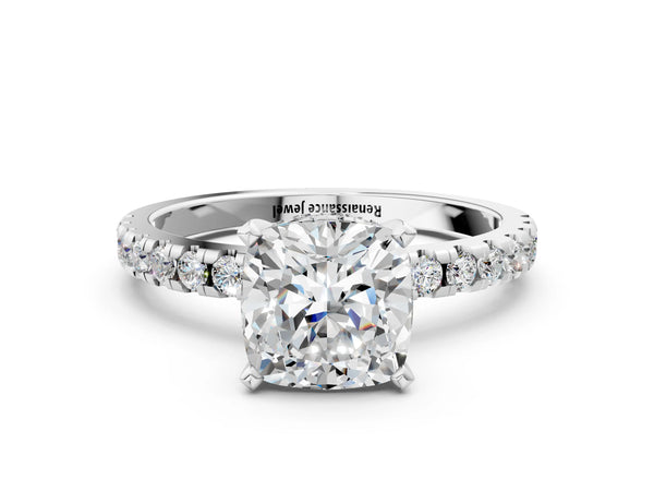 Platinum 2.58 Carat F VS1 Cushion Diamond Solitaire Ring with Round Pavé Band and Four-Prong Setting