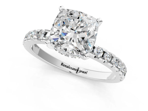 Platinum 2.58 Carat F VS1 Cushion Diamond Solitaire Ring with Round Pavé Band and Four-Prong Setting