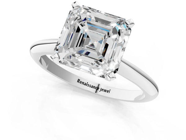 3 Carat Asscher Cut Platinum Diamond Solitaire Engagement Ring with Classic Band and Four-Prong Setting