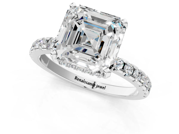 3 Carat Asscher Cut Platinum Diamond Solitaire Ring with Round Pavé Band and Four-Prong Setting