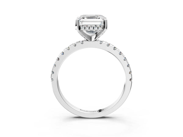 3 Carat Asscher Cut Platinum Diamond Solitaire Ring with Round Pavé Band and Four-Prong Setting