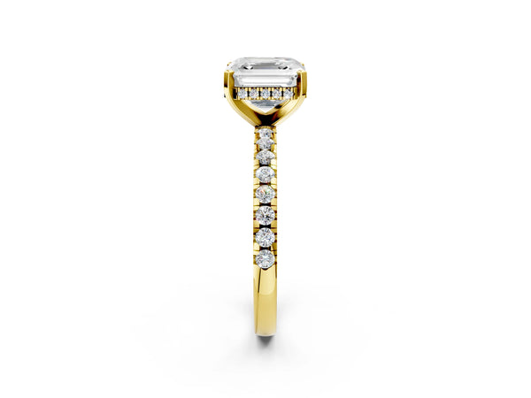 3 Carat Asscher Cut Yellow gold Diamond Solitaire Ring with Round Pavé Band and Four-Prong Setting