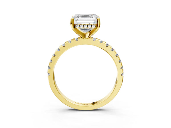 3 Carat Asscher Cut Yellow gold Diamond Solitaire Ring with Round Pavé Band and Four-Prong Setting