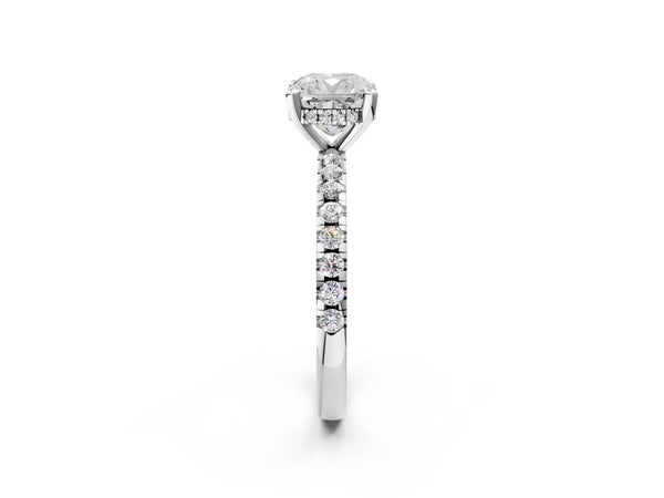 3 Carat Cushion Cut Platinum Diamond Solitaire Ring with Round Pavé Band and Four-Prong Setting
