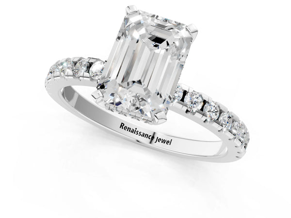3 Carat Emerald Cut Platinum Diamond Solitaire Ring with Round Pavé Band and Four-Prong Setting