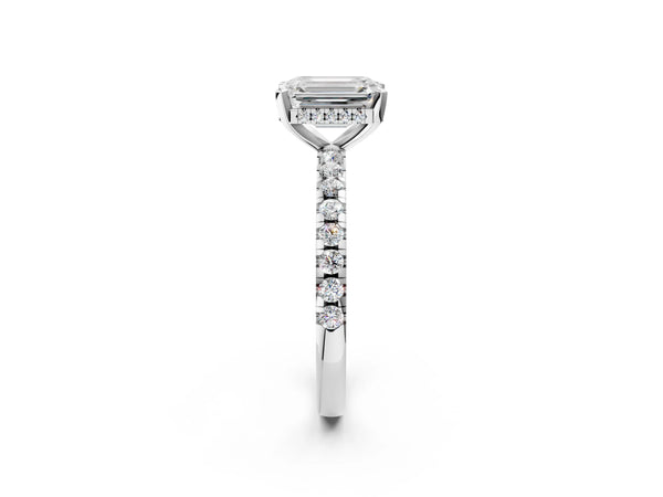 3 Carat Emerald Cut Platinum Diamond Solitaire Ring with Round Pavé Band and Four-Prong Setting