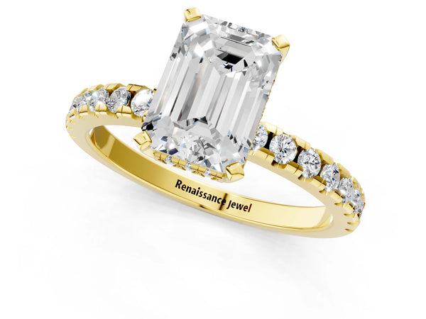 3 Carat Emerald Cut Yellow gold Diamond Solitaire Ring with Round Pavé Band and Four-Prong Setting