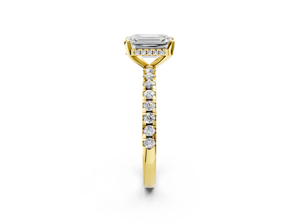 3 Carat Emerald Cut Yellow gold Diamond Solitaire Ring with Round Pavé Band and Four-Prong Setting