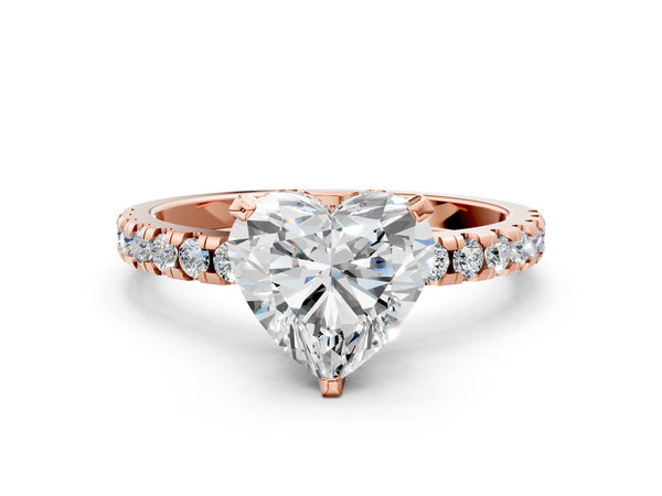 3 Carat Heart Cut Rose gold Diamond Solitaire Ring with Round Pavé Band and Four-Prong Setting