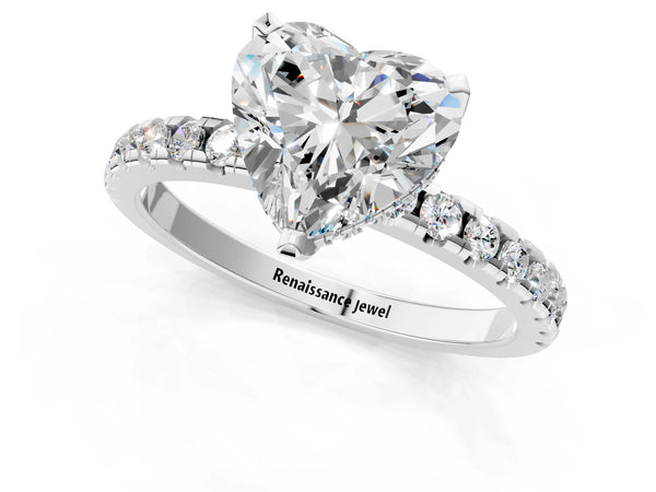 3 Carat Heart Cut White gold Diamond Solitaire Ring with Round Pavé Band and Four-Prong Setting
