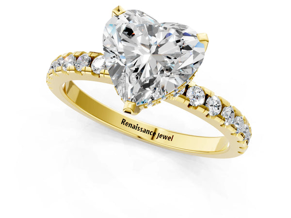 3 Carat Heart Cut Yellow gold Diamond Solitaire Ring with Round Pavé Band and Four-Prong Setting