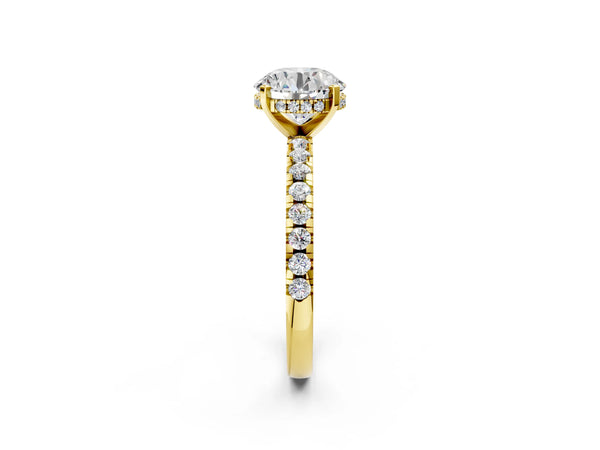 3 Carat Round Cut Yellow gold Diamond Solitaire Ring with Round Pavé Band and Four-Prong Setting