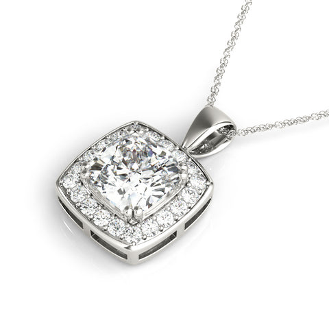 White gold Cushion Halo Pendant with Round Diamond and Four-Prong Setting
