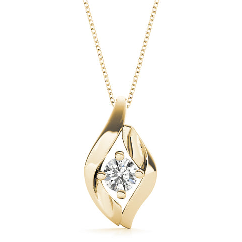 Yellow gold Round Diamond Bezel-Set Leaf Pendant